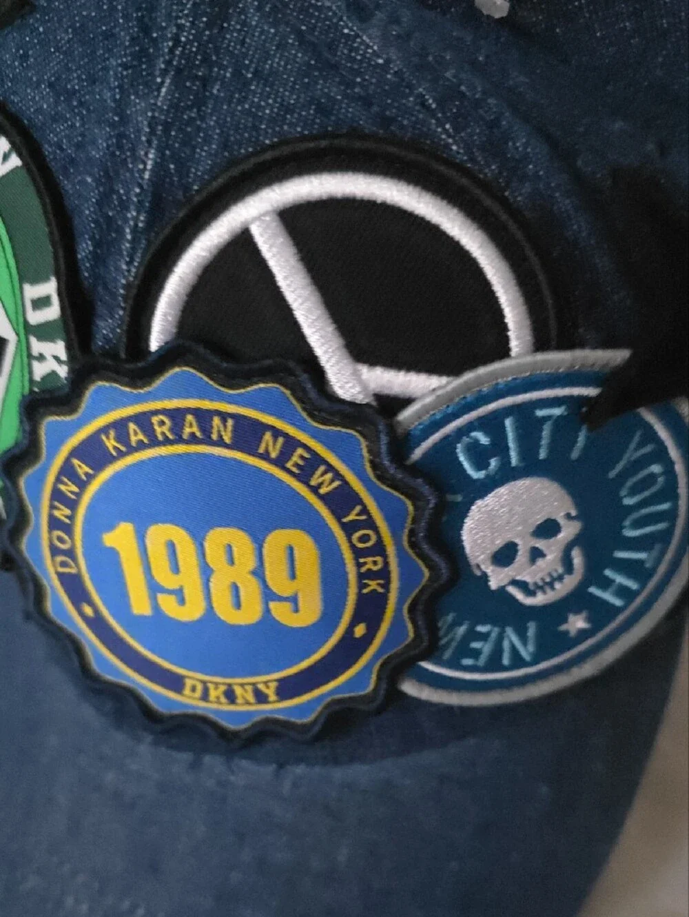 DKNY Denim Patch Cap - Blue with Green, Yellow & Black Accents